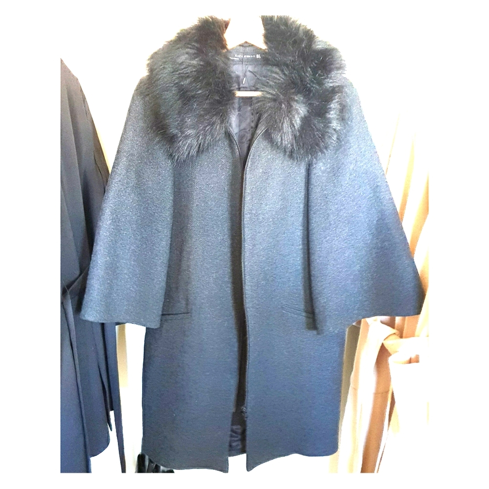 Zara grey faux fur collar coat Trench jacket S